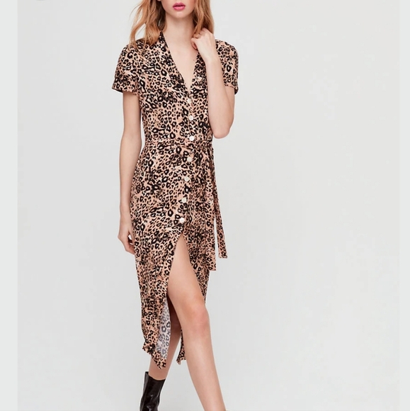 ARITZIA Wilfred Leopard Print Short Sleeve Midi Dress Button Closure Waist Belt - Picture 1 of 12